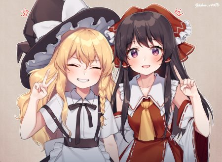 2girls apron black hair blonde hair bow braids dress hajin hakurei reimu hat japanese clothes kirisame marisa long hair miko purple eyes touhou witch hat