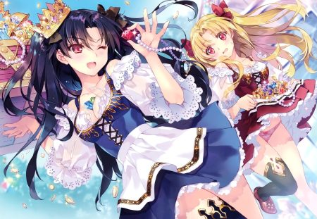 2girls black hair blonde hair breasts carnelian cleavage crown dress ereshkigal (fate/grand order) fate/grand order fate (series) ishtar (fate/grand order) lolita fashion long hair necklace panties red eyes scan skirt lift thighhighs twintails underwear upskirt wink