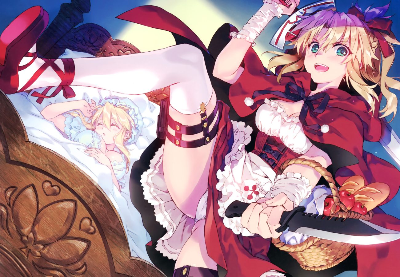2girls apple artoria pendragon (all) artoria pendragon (lancer) bed blonde hair bow braids breasts cameltoe cape carnelian cleavage corset cosplay dress fang fate/grand order fate (series) food fruit garter green eyes hat hood knife little red riding hood lolita fashion mordred pajamas panties ponytail ribbons scan short hair sleeping sword thighhighs underwear upskirt weapon wristwear