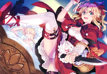 2girls apple artoria pendragon (all) artoria pendragon (lancer) bed blonde hair bow braids breasts cameltoe cape carnelian cleavage corset cosplay dress fang fate/grand order fate (series) food fruit garter green eyes hat hood knife little red riding hood lolita fashion mordred pajamas panties ponytail ribbons scan short hair sleeping sword thighhighs underwear upskirt weapon wristwear