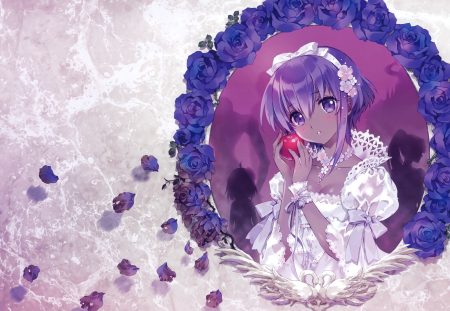 apple assassin bow breasts carnelian cleavage dark skin fate/grand order fate (series) flowers food fruit hassan of serenity headband king hassan lolita fashion petals purple eyes purple hair ribbons rose scan short hair silhouette true assassin