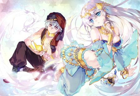 anastasia (fate/grand order) aqua eyes barefoot breasts brown eyes carnelian cleavage cosplay doll fate/grand order fate (series) gray hair headdress kadoc zemlupus long hair magic male navel necklace scan short hair wristwear