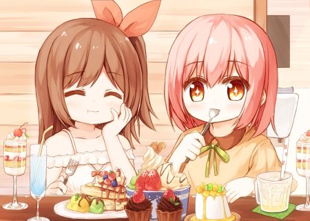 2girls brown hair cake candy chocolate drink food fruit ice cream loli long hair orange eyes original pink hair ponytail short hair strawberry yuuhagi