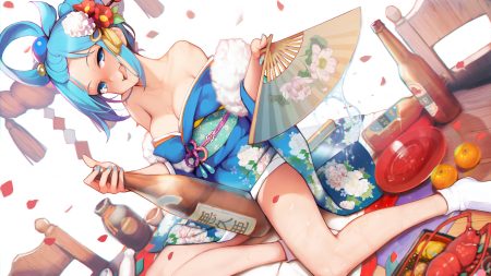 aqua eyes aqua hair aqua (konosuba) ataruman breasts cleavage drink fang food fruit japanese clothes kimono kono subarashii sekai ni shukufuku wo! orange (fruit) sake socks