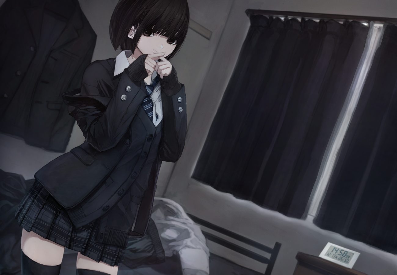 bed black hair brown eyes dark hashimoto kokai original school uniform short hair thighhighs tie zettai ryouiki