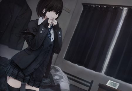 bed black hair brown eyes dark hashimoto kokai original school uniform short hair thighhighs tie zettai ryouiki