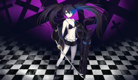 aqua eyes bikini top black hair black rock shooter boots choker katana kuroi mato long hair navel shorts sword tagme (artist) twintails weapon