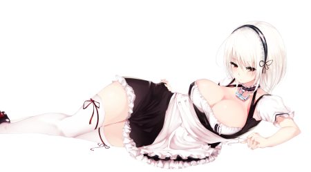 anthropomorphism apron azur lane breasts choker cleavage dress headband maid red eyes short hair sirius (azur lane) suwakana thighhighs white white hair zettai ryouiki