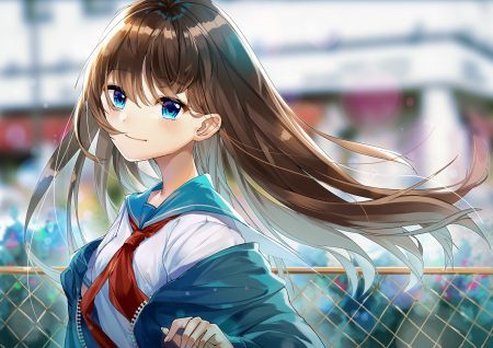 aqua eyes brown hair close illian-san long hair original school uniform tie