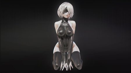 3d blindfold bodysuit breasts elbow gloves erect nipples gloves gradient gray hair headband leslyzerosix nier nier: automata short hair skintight thighhighs yorha unit no. 2 type b
