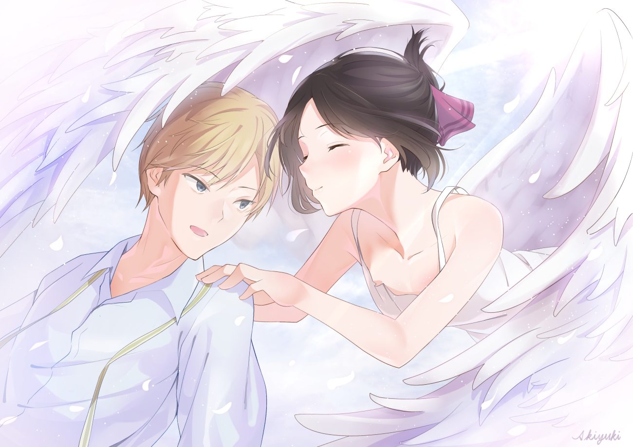 black hair blonde hair blue eyes dress kaguya-sama wa kokurasetai ~tensai-tachi no renai zunousen~ male shinomiya kaguya shirogane miyuki shirt short hair signed summer dress tagme (artist) wings