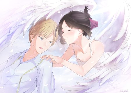 black hair blonde hair blue eyes dress kaguya-sama wa kokurasetai ~tensai-tachi no renai zunousen~ male shinomiya kaguya shirogane miyuki shirt short hair signed summer dress tagme (artist) wings