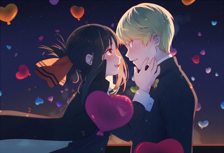 black hair blonde hair blue eyes blush cape kaguya-sama wa kokurasetai ~tensai-tachi no renai zunousen~ male natural wind orange eyes shinomiya kaguya shirogane miyuki short hair waifu2x