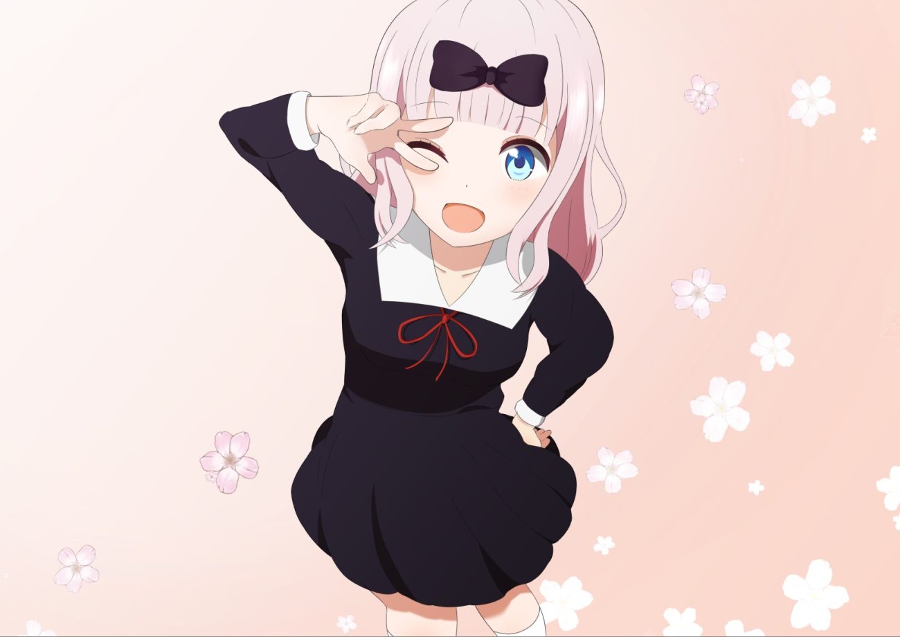 aqua eyes bow dress flowers fujiwara chika gradient kaguya-sama wa kokurasetai ~tensai-tachi no renai zunousen~ kneehighs pink pink hair short hair tagme (artist) wink