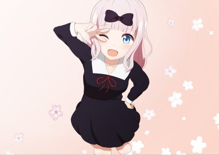 aqua eyes bow dress flowers fujiwara chika gradient kaguya-sama wa kokurasetai ~tensai-tachi no renai zunousen~ kneehighs pink pink hair short hair tagme (artist) wink