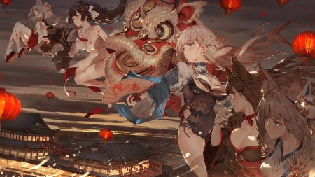 akagi (azur lane) animal ears anthropomorphism azur lane bandage belfast (azur lane) black hair blue eyes bow braids breasts brown hair building chinese clothes chinese dress choker cleavage clouds doggirl dress fan foxgirl gloves gray hair group japanese clothes kaga (azur lane) kimono long hair mask orange eyes ponytail red eyes ribbons sarashi skirt sky takao (azur lane) tattoo thighhighs toriumi harumi underwear yuudachi (azur lane)