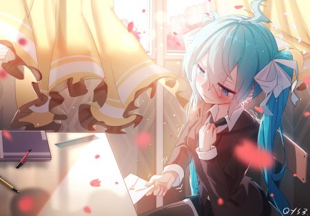 aqua hair blue eyes blush bow hatsune miku long hair petals qys3 school uniform signed thighhighs twintails vocaloid