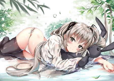 blush brown eyes brown hair bunny kasugano sora long hair panties shirt thighhighs underwear water wet yosuga no sora yukishiro arute