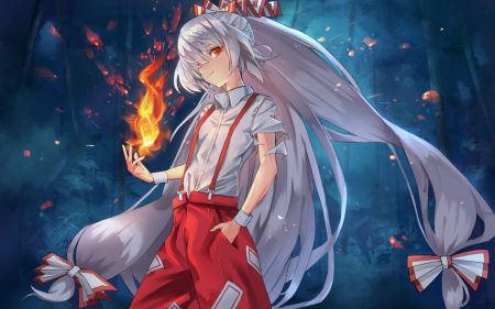 fire fujiwara no mokou gray hair long hair maachi (fsam4547) magic orange eyes torn clothes touhou wristwear