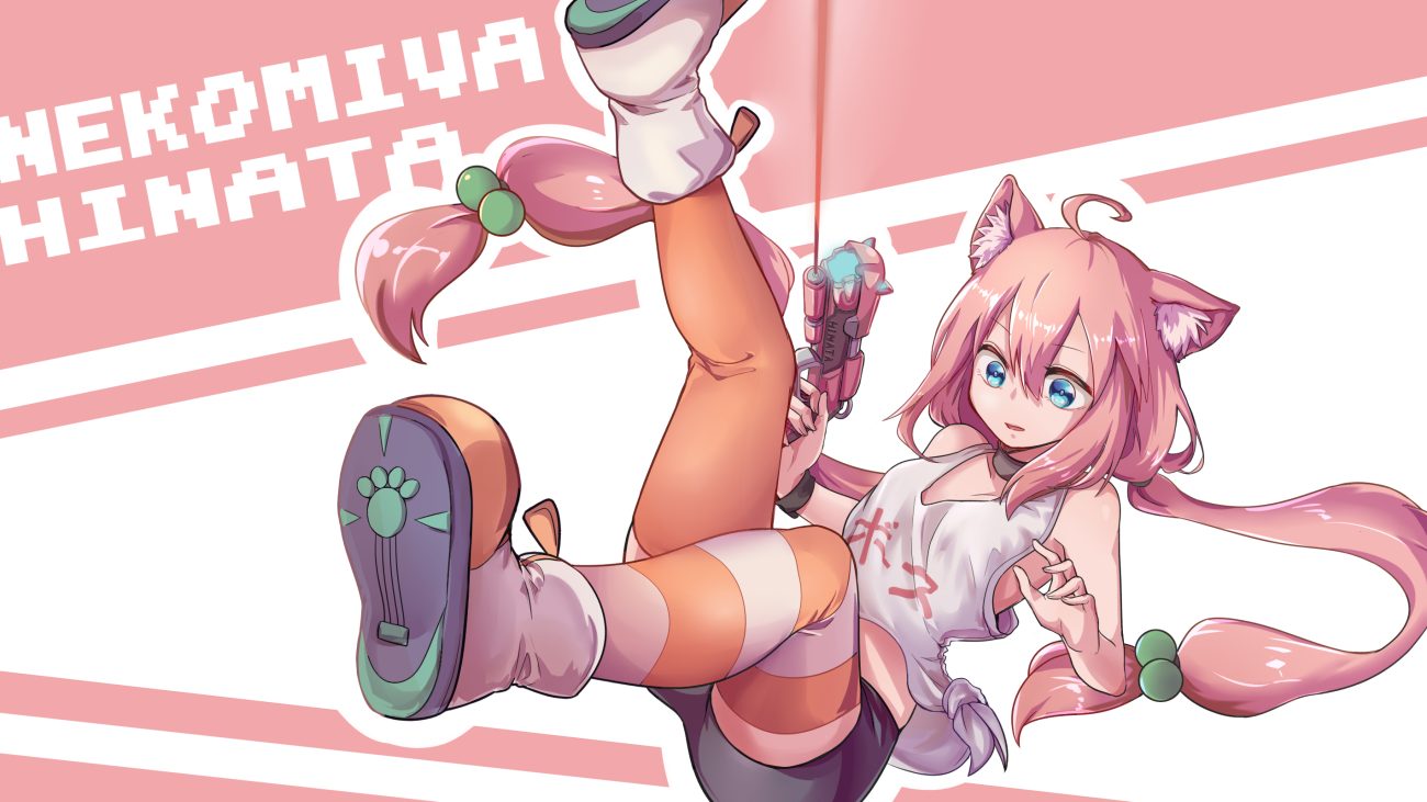 animal ears aqua eyes bike shorts boots catgirl choker gun hinata channel long hair nekomiya hinata pink hair shiraha sama shorts thighhighs twintails weapon wristwear zettai ryouiki