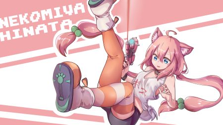 animal ears aqua eyes bike shorts boots catgirl choker gun hinata channel long hair nekomiya hinata pink hair shiraha sama shorts thighhighs twintails weapon wristwear zettai ryouiki