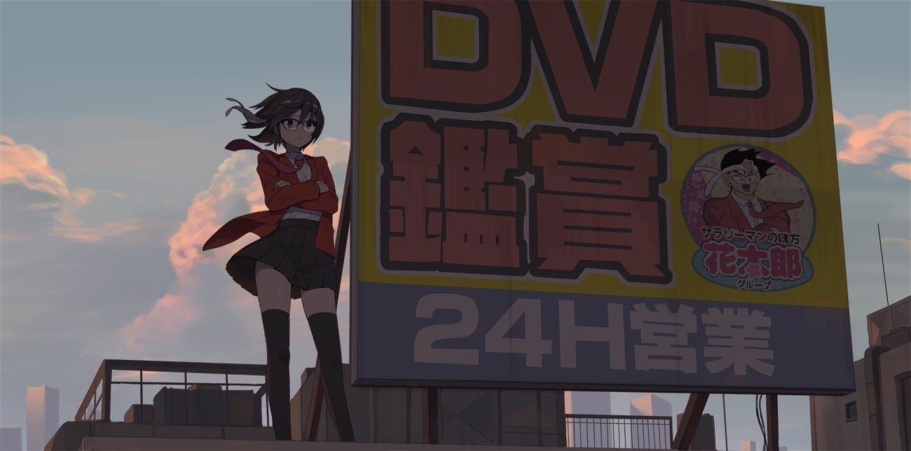 black eyes black hair building city clouds glasses headband original ribbons rooftop school uniform short hair skirt sky thighhighs tie tomioka jirou waifu2x zettai ryouiki