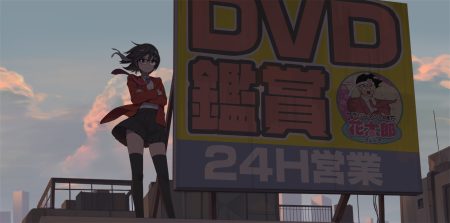 black eyes black hair building city clouds glasses headband original ribbons rooftop school uniform short hair skirt sky thighhighs tie tomioka jirou waifu2x zettai ryouiki