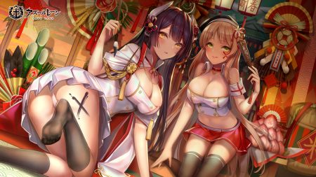 2girls anthropomorphism ass azur lane bell black hair blonde hair blush breasts cameltoe cape cleavage dress fan fiji (azur lane) green eyes hiei (azur lane) horns kneehighs logo long hair military navel panties skirt skirt lift thighhighs underwear yellow eyes zjsstc