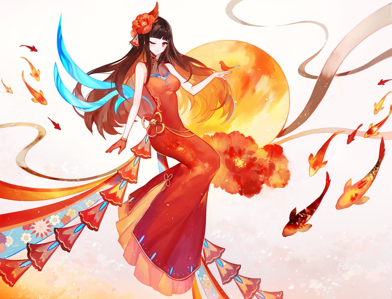 animal bird bow breasts brown hair chinese clothes chinese dress dress fish gloves juexing (moemoe3345) long hair original red eyes wink