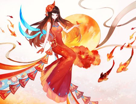 animal bird bow breasts brown hair chinese clothes chinese dress dress fish gloves juexing (moemoe3345) long hair original red eyes wink