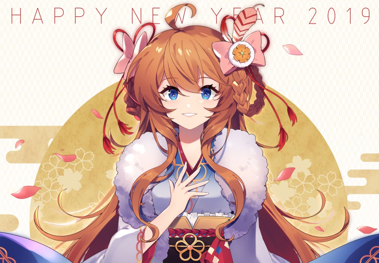 blue eyes bow braids brown hair feathers granblue fantasy japanese clothes lecia (granblue fantasy) long hair sharlorc