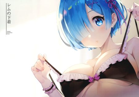 aqua eyes aqua hair ayamy bra breasts close rem (re:zero) re:zero kara hajimeru isekai seikatsu scan short hair underwear undressing watermark