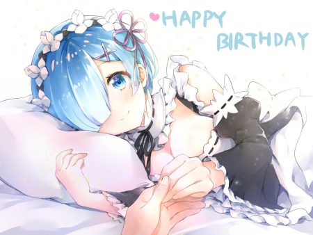 apron aqua eyes aqua hair bed breasts cleavage headband maid melings rem (re:zero) re:zero kara hajimeru isekai seikatsu short hair