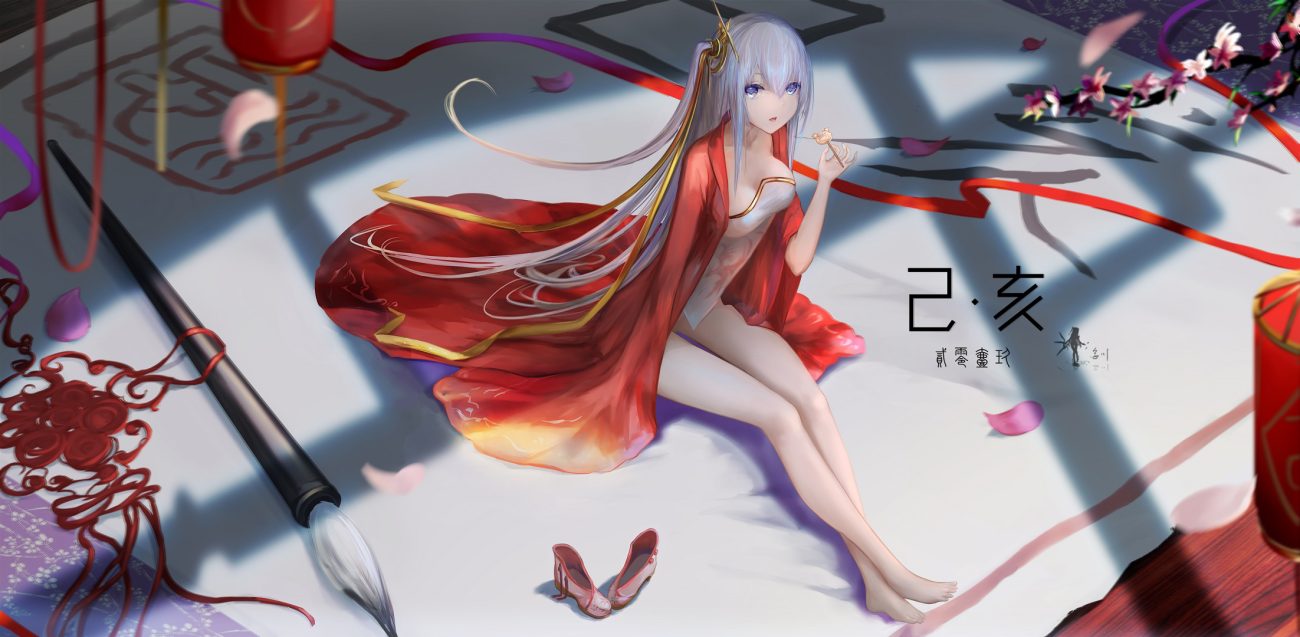 breasts chinese clothes cleavage gray hair hc jpeg artifacts long hair nopan original ponytail watermark