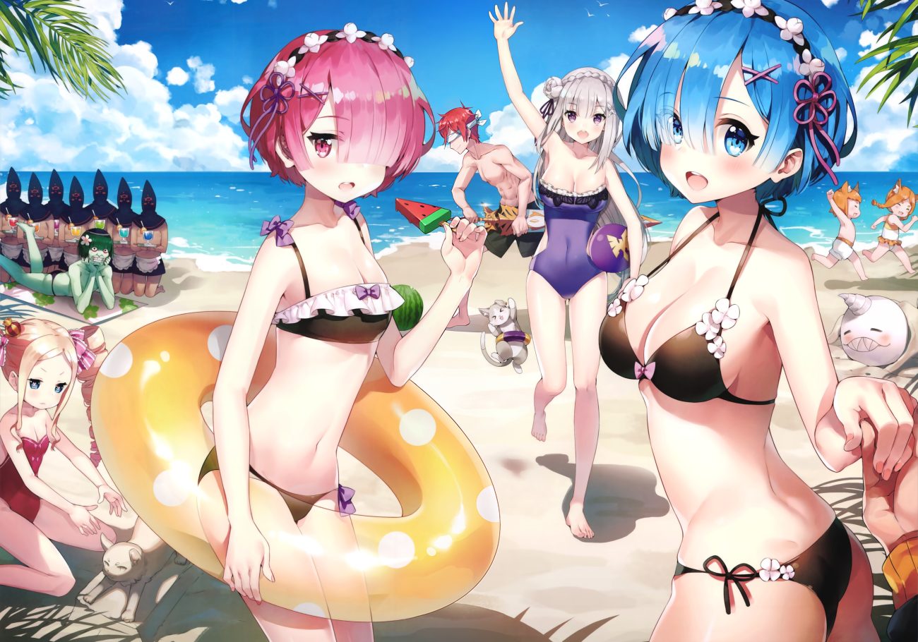 animal ayamy barefoot beach beatrice (re:zero) betelgeuse romanee-conti blindfold blonde hair blue eyes blue hair breasts cleavage clouds emilia (re:zero) food fruit group loli long hair male mimi pearlbaton natsuki subaru navel pink eyes pink hair puck ram (re:zero) red hair reinhard van astrea rem (re:zero) re:zero kara hajimeru isekai seikatsu scan sky sword tivey pearlbaton twins twintails water watermelon weapon white hair