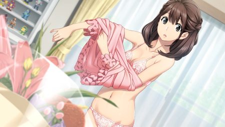 bra breasts brown eyes brown hair cleavage dressing fukuda tomonori game cg navel panties robotics;notes senomiya akiho short hair underwear