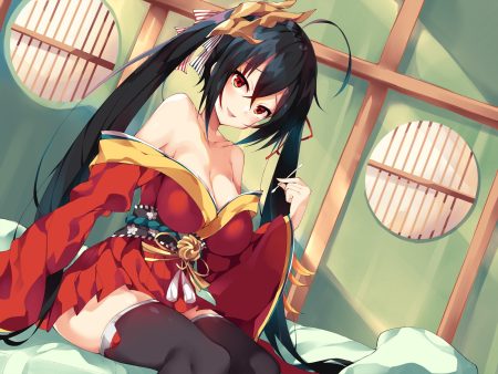 anthropomorphism azur lane bed black hair breasts cleavage japanese clothes kimono long hair no bra red eyes taihou (azur lane) thighhighs twintails unacchi (nyusankin) zettai ryouiki