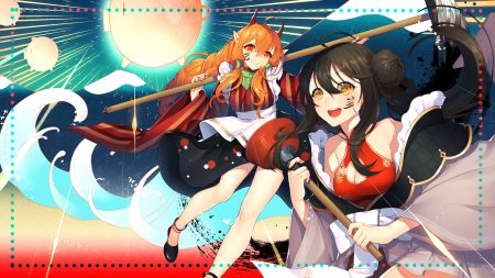2girls aliasing apron black hair breasts chinese clothes chinese dress cleavage dress horns iiiroha japanese clothes long hair orange eyes orange hair original pointed ears yellow eyes