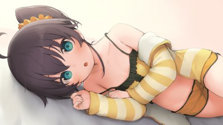 black hair blush close flat chest gradient green eyes hololive loli natsuiro matsuri ponytail seramikku shorts