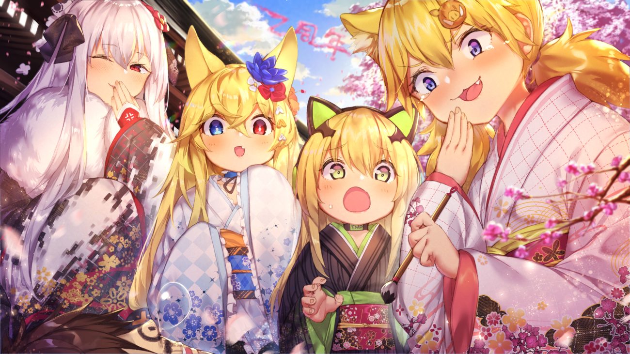 animal ears anthropomorphism bicolored eyes blonde hair blue eyes blush brown hair catgirl cat smile cherry blossoms choker clouds fang flowers g41 (girls frontline) girls frontline gray hair green eyes group idw (girls frontline) japanese clothes kar98k (girls frontline) kimono loli long hair male petals red eyes shennai misha short hair sky sleeping tears tmp (girls frontline) twintails wink