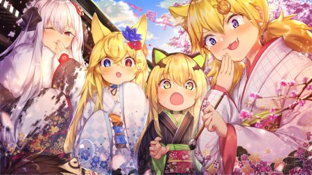 animal ears anthropomorphism bicolored eyes blonde hair blue eyes blush brown hair catgirl cat smile cherry blossoms choker clouds fang flowers g41 (girls frontline) girls frontline gray hair green eyes group idw (girls frontline) japanese clothes kar98k (girls frontline) kimono loli long hair male petals red eyes shennai misha short hair sky sleeping tears tmp (girls frontline) twintails wink