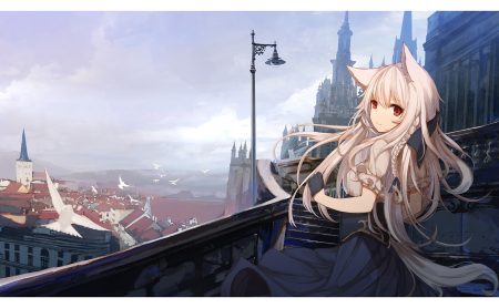 animal animal ears bird braids building city clouds gloves gray hair long hair original red eyes ribbons sagiri (ulpha220) scenic sky stairs
