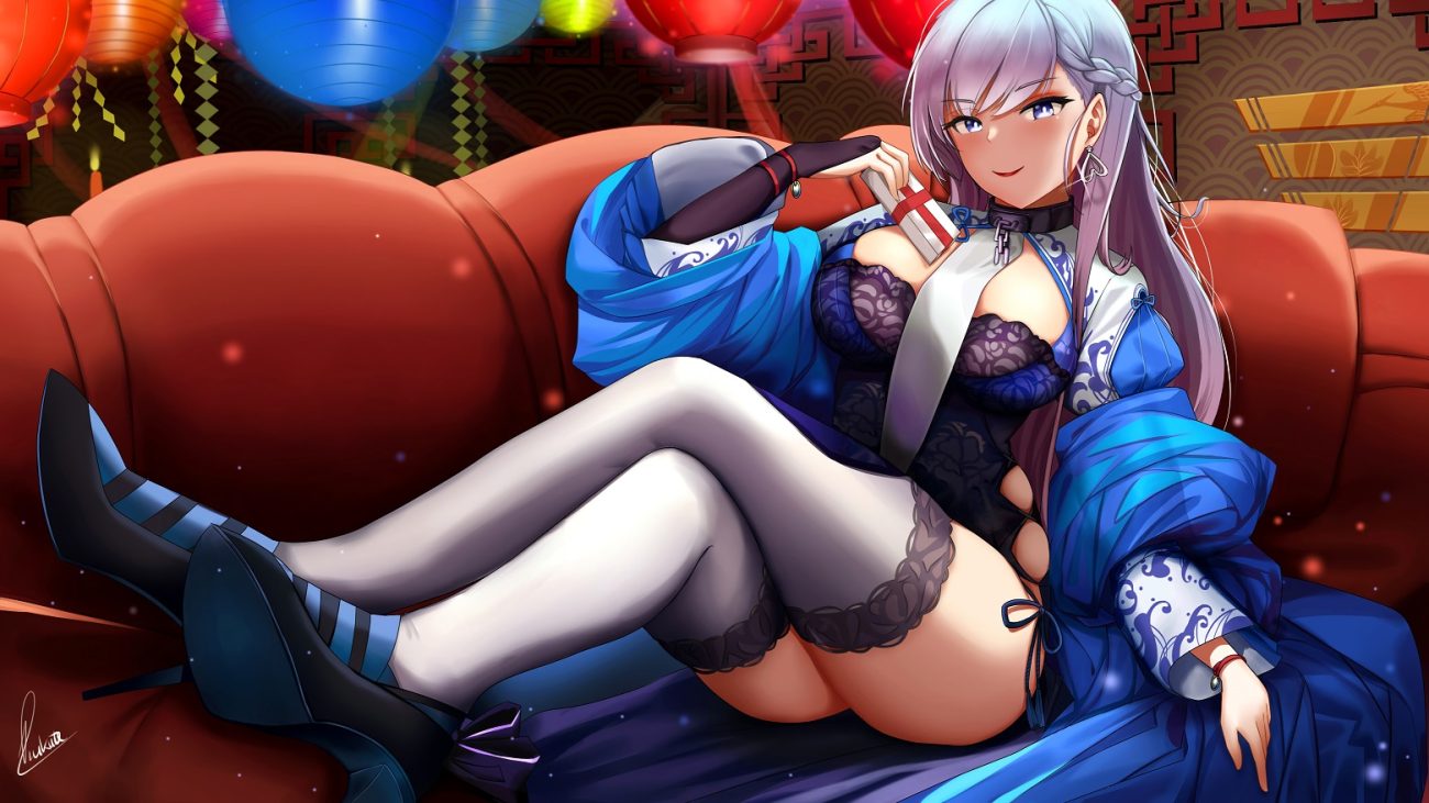 aliasing anthropomorphism azur lane belfast (azur lane) blue eyes braids breasts chain choker couch gray hair long hair piukute062 signed thighhighs wristwear