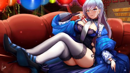 aliasing anthropomorphism azur lane belfast (azur lane) blue eyes braids breasts chain choker couch gray hair long hair piukute062 signed thighhighs wristwear