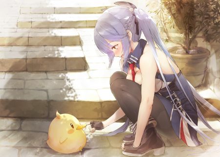 animal anthropomorphism azur lane bird boots braids dress duck ek masato essex (azur lane) gloves jpeg artifacts long hair manjuu (azur lane) pantyhose purple hair red eyes ribbons stairs tie