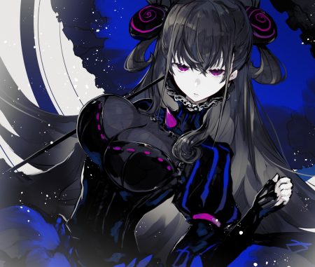 black hair breasts cleavage corset dress fate/grand order fate (series) kusakanmuri long hair murasaki shikibu polychromatic purple eyes umbrella
