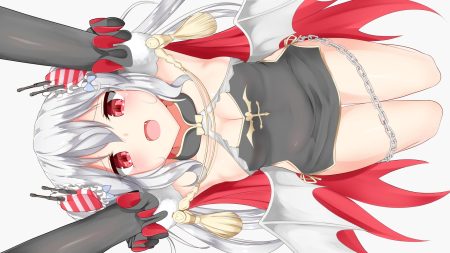 anthropomorphism azur lane breasts cape chain cleavage dress fang long hair red eyes uru byou vampire vampire (azur lane) waifu2x white hair wings