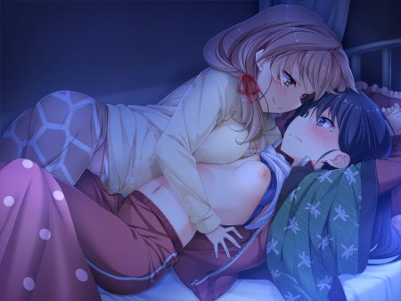 2girls asou fumi baseson bed black hair blonde hair blue eyes bra breasts dark game cg japanese clothes kimihane mtu nipples nopan ogata rin (kimihane) pajamas panties panty pull shirt lift underwear yellow eyes yuri
