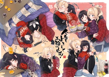 ayase eri coca cola food fruit kotatsu love live! school idol project orange (fruit) shoujo ai sleeping toujou nozomi zawawa (satoukibi1108)