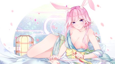 animal ears blush bunny ears bunnygirl gou lianlian dogface honkai impact honkai (series) japanese clothes long hair nipples nipple slip pink hair purple eyes yae sakura (benghuai xueyuan)
